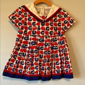 Gucci Logo Pleated Dress sz 9-12 Fruit Print Red Navy Blue White
